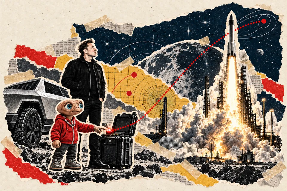 빨간 후드 캐릭터와 머스크가 함께 지켜보는 로켓 발사 콜라주